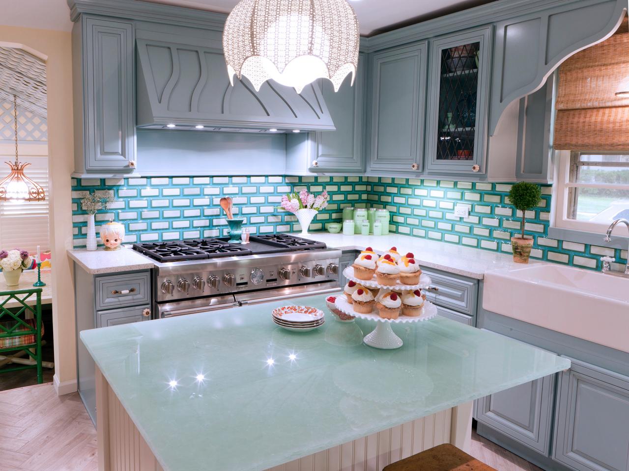 Extraordinary Blue Glass Kitchen Countertop With Blue Brick